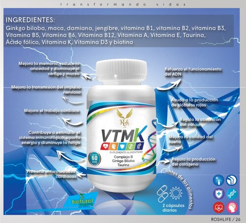  VTMK, Ginkgo biloba, maca, damiana, jengibre, vitamina B1,Multivitaminico para Hombre y mujer Vitaminas 60 caps
