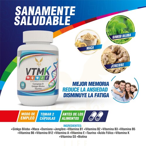  VTMK, Ginkgo biloba, maca, damiana, jengibre, vitamina B1,Multivitaminico para Hombre y mujer Vitaminas 60 caps
