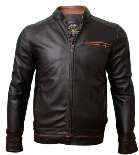 Chaqueta de Cuero Autentico Scott con Vivos en Shedron para Caballero Incluye de Regalo un Llavero de Piel.