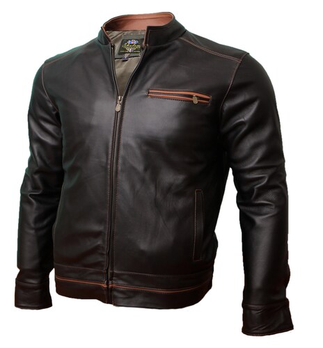 Chaqueta de Cuero Autentico Scott con Vivos en Shedron para Caballero Incluye de Regalo un Llavero de Piel.