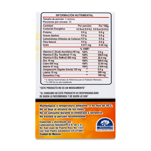 V Zon Tabs Luteina, Zeaxantina Y Flor De Cempasuchil, Vitamina A, C Y El Y Minerales Zinc, Cobre Y S 