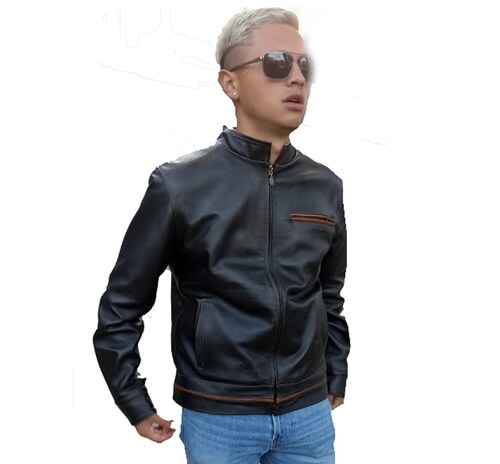Chaqueta de Cuero Autentico Scott con Vivos en Shedron para Caballero Incluye de Regalo un Llavero de Piel.
