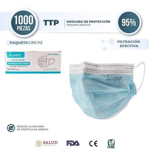 Cubrebocas Tricapa Marca Sanwo Azul Cofepris Fda 1000 Piezas