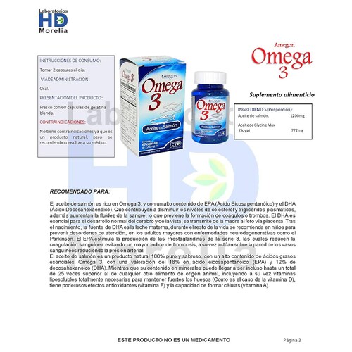 Amegon, Omega 3, 60 Capsulas, 1200 mg c/u, Aceite de Salmon