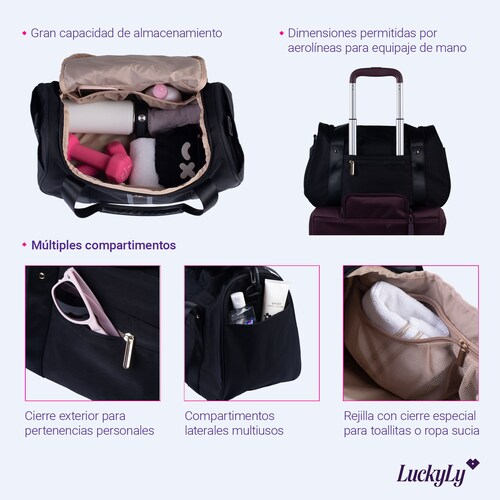 LuckyLy Maleta Deportiva para Mujer y de Viaje, con Múltiples Compartimentos y Ligera, Modelo Maxi, Negro