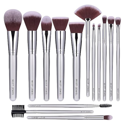 Brochas De Maquillaje 14 Pcs Plateadas Pelo Sintetico Suave