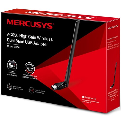 Adaptador De Red USB Mercusys MU6H Inalambrico Banda Dual AC650 Alta Ganancia.