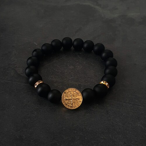 Pulsera San Benito Hombre Piedra Ónix Mate .