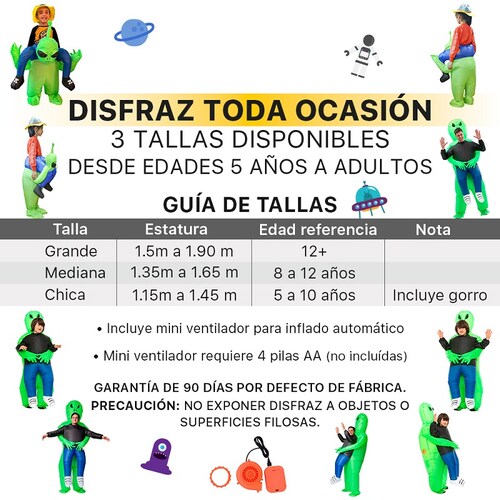 Disfraz Inflable Alien verde NEON toda ocasión Halloween Talla Mediana para edades 8 a 12 años 