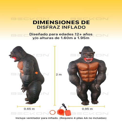 Disfraz Inflable Premium Gorila Kong toda ocasión Adulto Unitalla 12+años.