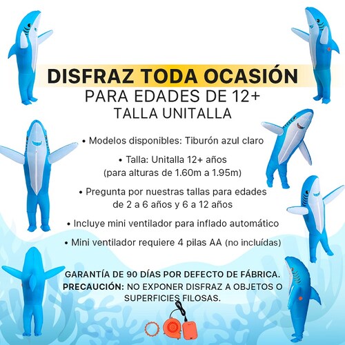 Disfraz Inflable Tiburón Azul toda ocasión Halloween Unitalla Adulto Talla 12+ años