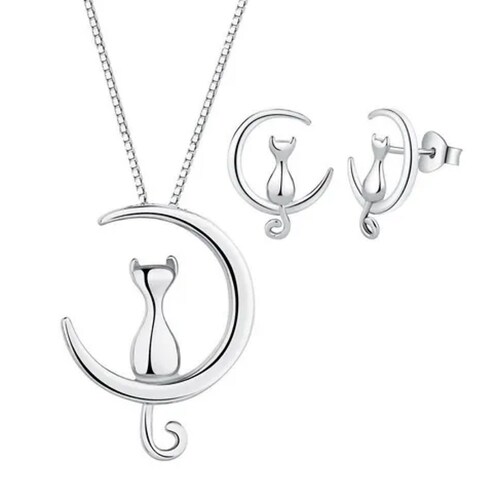 Collar Mujer De Plata S925 Diseño Luna Gato Con Aretes