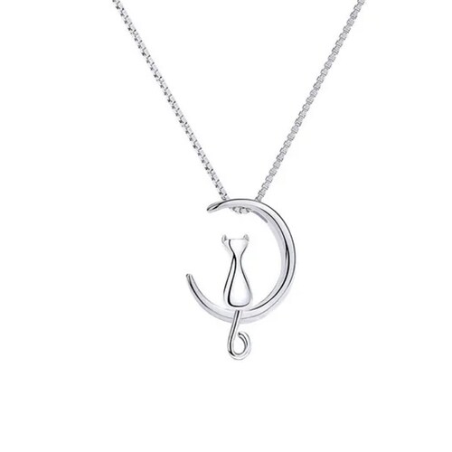 Collar Mujer De Plata S925 Diseño Luna Gato Con Aretes