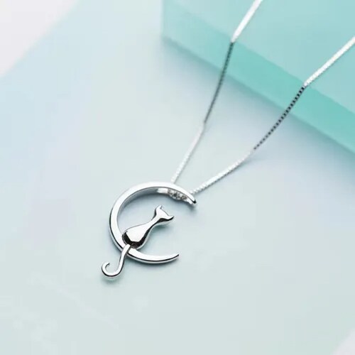Collar Mujer De Plata S925 Diseño Luna Gato Con Aretes