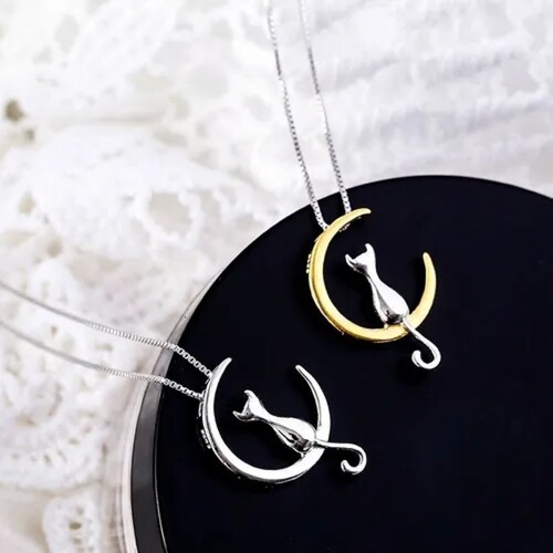 Collar Mujer De Plata S925 Diseño Luna Gato Con Aretes