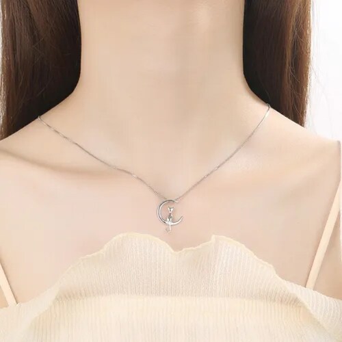 Collar Mujer De Plata S925 Diseño Luna Gato Con Aretes