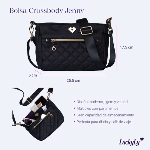 LuckyLy Bolsa Crossbody de Mujer, estilo Bolsa Bandolera de Mano y al Hombro tipo Mensajero de Viaje, Modelo Jenny, Negro