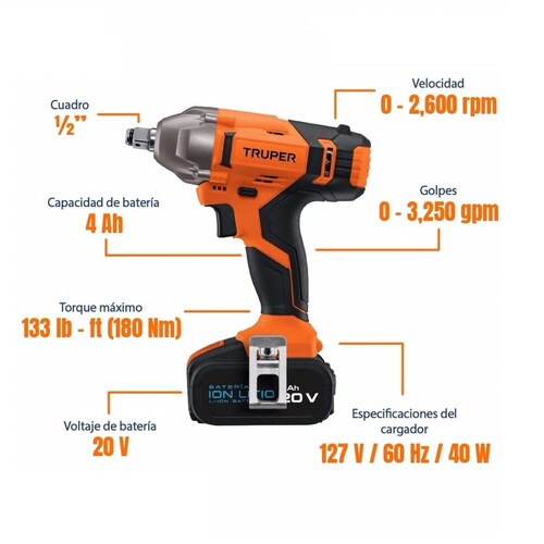 Llave de Impacto Inalámbrica Profesional de 1/2 20v ,Truper 