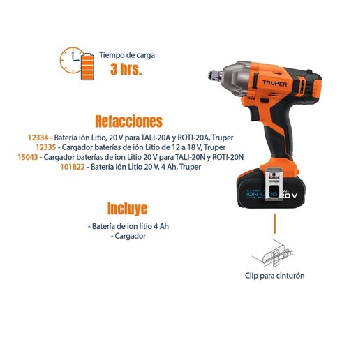 Llave de Impacto Inalámbrica Profesional de 1/2 20v ,Truper 