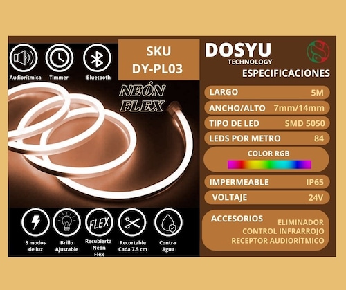 Tira de Luces Neón Audiorítmica con Control Remoto LED 5050 Brillante  Multicolor DOSYU DY-PL03