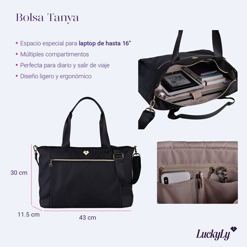 LuckyLy Bolsa para Laptop Mujer hasta 16 Pulgadas, Moderna con Múltiples Compartimentos, Modelo Tanya, Negro