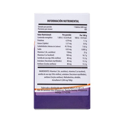 Venjahvs 100 Tab 600 Mg Vitamina C, Vitamina E, Semilla De Uva Roja, Arandano, Avellanoa, Amamelis 
