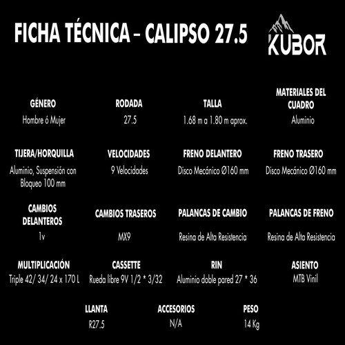 Bicicleta De Montaña Aluminio Rodada 27 Frenos Disco Kubor