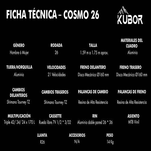 Bicicleta De Montaña Aluminio Rodada 26 21 Velocidades Kubor