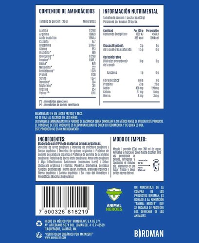 PROTEÍNA ORGÁNICA VEGANA CHOCOLATE 1.5KG BIRDMAN FALCON
