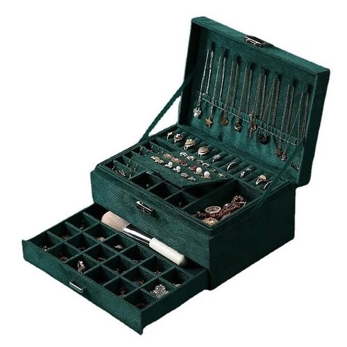 Estuche Caja Joyería Retro Gran Capacidad Con Candado 3pisos verde