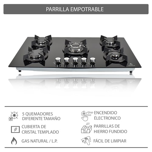Parrilla de gas empotrable de 5 quemadores SUPRA ONIX parrilla a gas de 90cm con cubierta de cristal templado negro