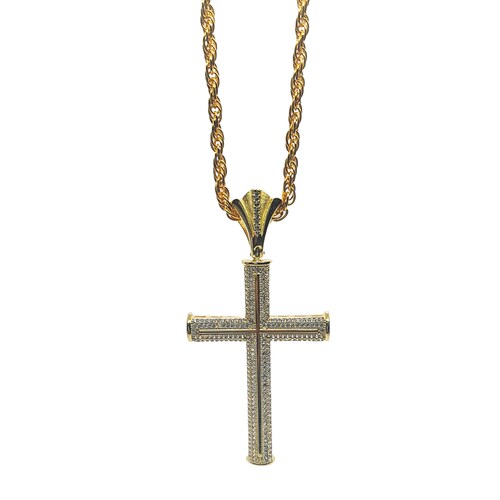 Cadena y Cruz de Plata .925 Hombre con chapa de oro de 14k Piedra zirconia Tejido torzal Incuye caja de regalo