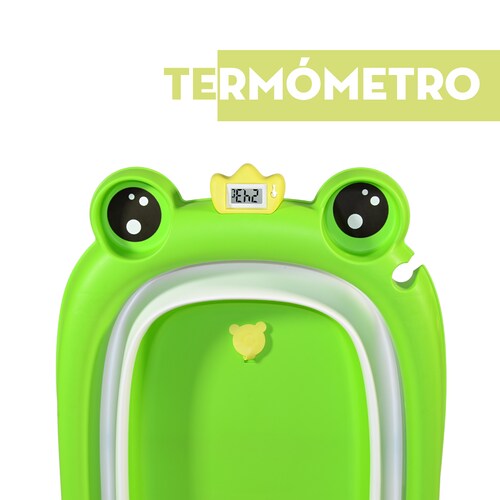 Tina para bebé, plegable, forma de rana con termómetro y colchón color verde.