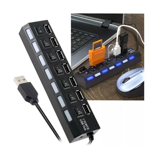 Hub Usb 2.0 7 Puertos Con Switchs Pc Laptop Windows Computadoras