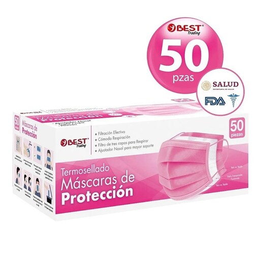 Cubrebocas De Colores 50 Piezas Plisado Tricapa Termosellado rosa