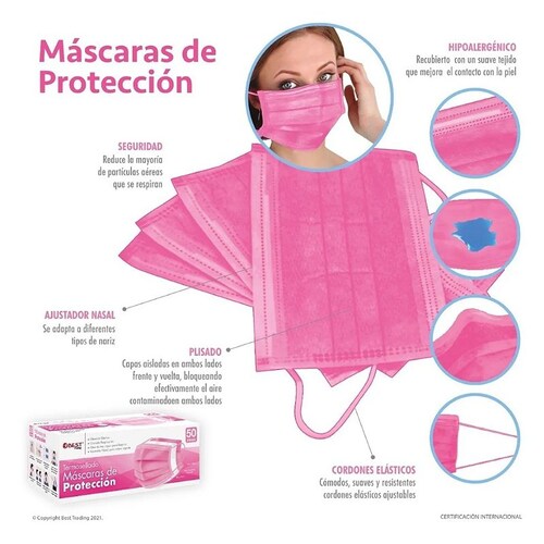 Cubrebocas De Colores 50 Piezas Plisado Tricapa Termosellado rosa