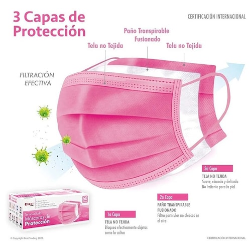 Cubrebocas De Colores 50 Piezas Plisado Tricapa Termosellado rosa