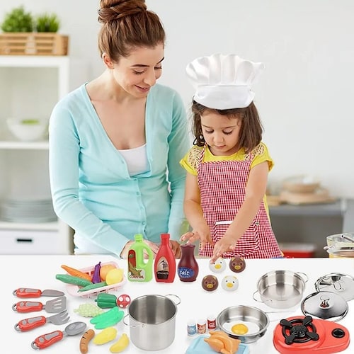  Juego de accesorios de cocina para niños, juego de juguetes de  cocina para niños, juego de juguetes de cocina para niños pequeños, ollas y  sartenes de juguete para niños con utensilios