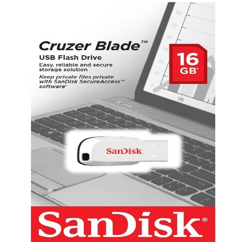 Memoria USB SanDisk Cruzer Blade, 16GB, USB 2.0, Blanco pc laptop datos fotos videos portatil 