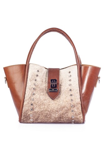 Bolso tote A ÁNGELOZANO de Piel con Pelo vacuno natural y estoperoles con cosmetiquera Modelo Alexa