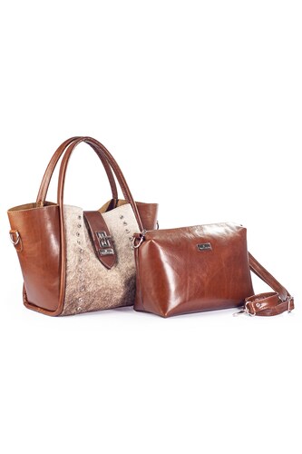 Bolso tote A ÁNGELOZANO de Piel con Pelo vacuno natural y estoperoles con cosmetiquera Modelo Alexa