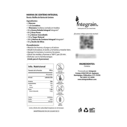Harina De Centeno Integral 830g Integrain