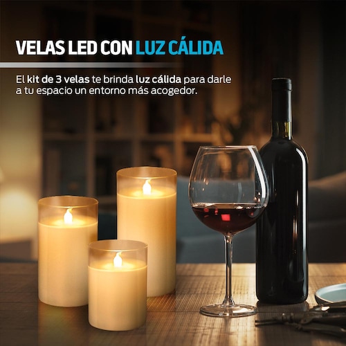 Velas LED Electricas Grandes Flama Realista 3 Pz Redlemon