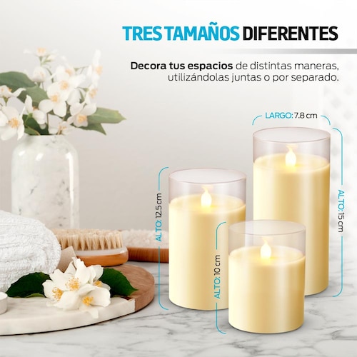 Velas LED Electricas Grandes Flama Realista 3 Pz Redlemon