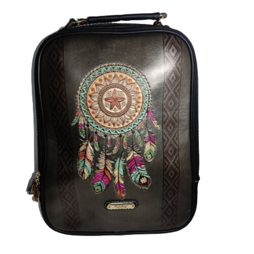 Mochila Bolsa De Cuero Para Mujer Atrapasueños Color Verde Olivo