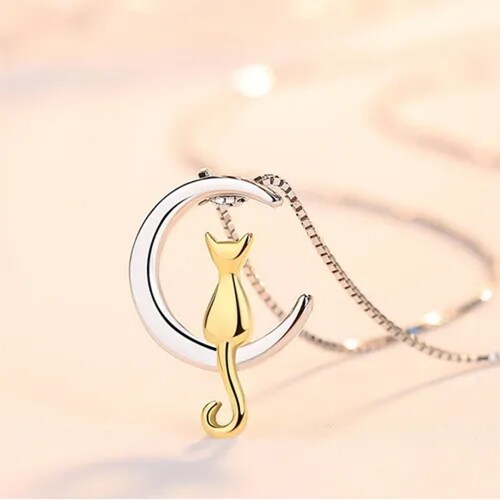 Collar De Plata S925 Diseño Luna Gato Regalo Para Pareja.