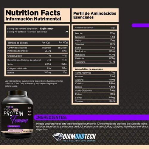 Proteína Femme mujer whey zero carbs 5lbs con Colágeno hidrolizado Diamondtech VAINILLA