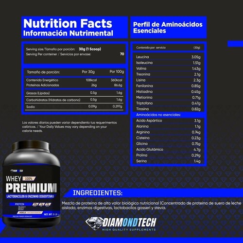 Proteína Whey Premium 5lbs (2.27kgs) con lactobacilos gasseri & enzimas digestivas DIAMONDTECH VAINILLA