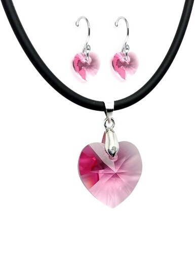Collar y aretes Joyería Zvezda Heart rosa caucho y plata