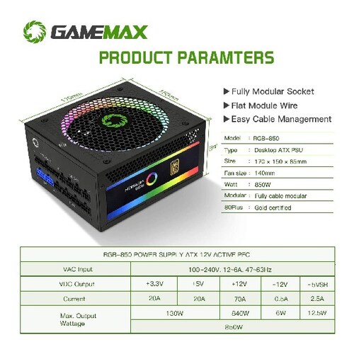 Fuente de Poder Gamemax Rgb Power Supply Unit 850w 12v 80plus